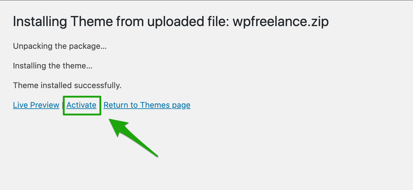 Installing WPFreelance Theme - Activate theme