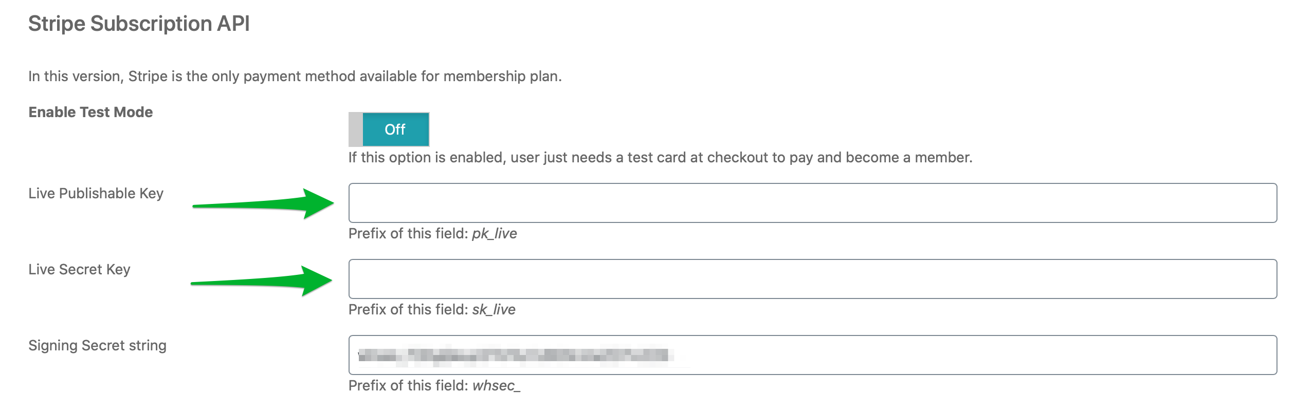 Set up Stripe API in Membership_Live keys